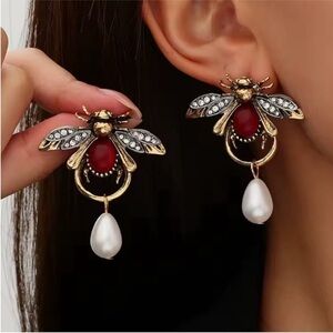 Vintage Gold Bee Earrings with Red Cabochon